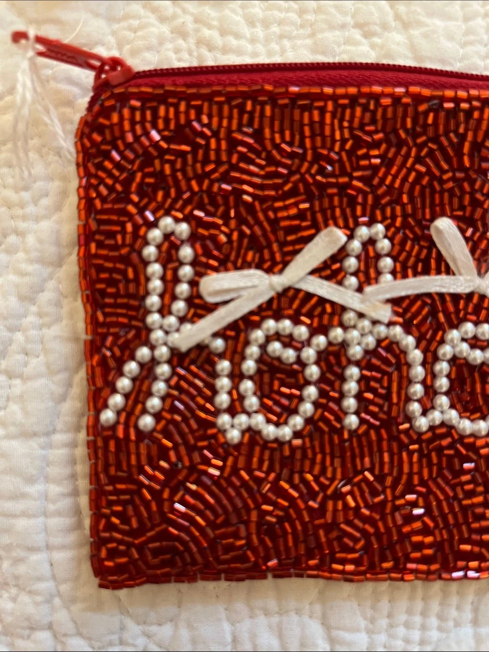 Viola Beaded Red Christmas “Hohoho” Wristlet Pouch with Pearl Accent: Super Cute